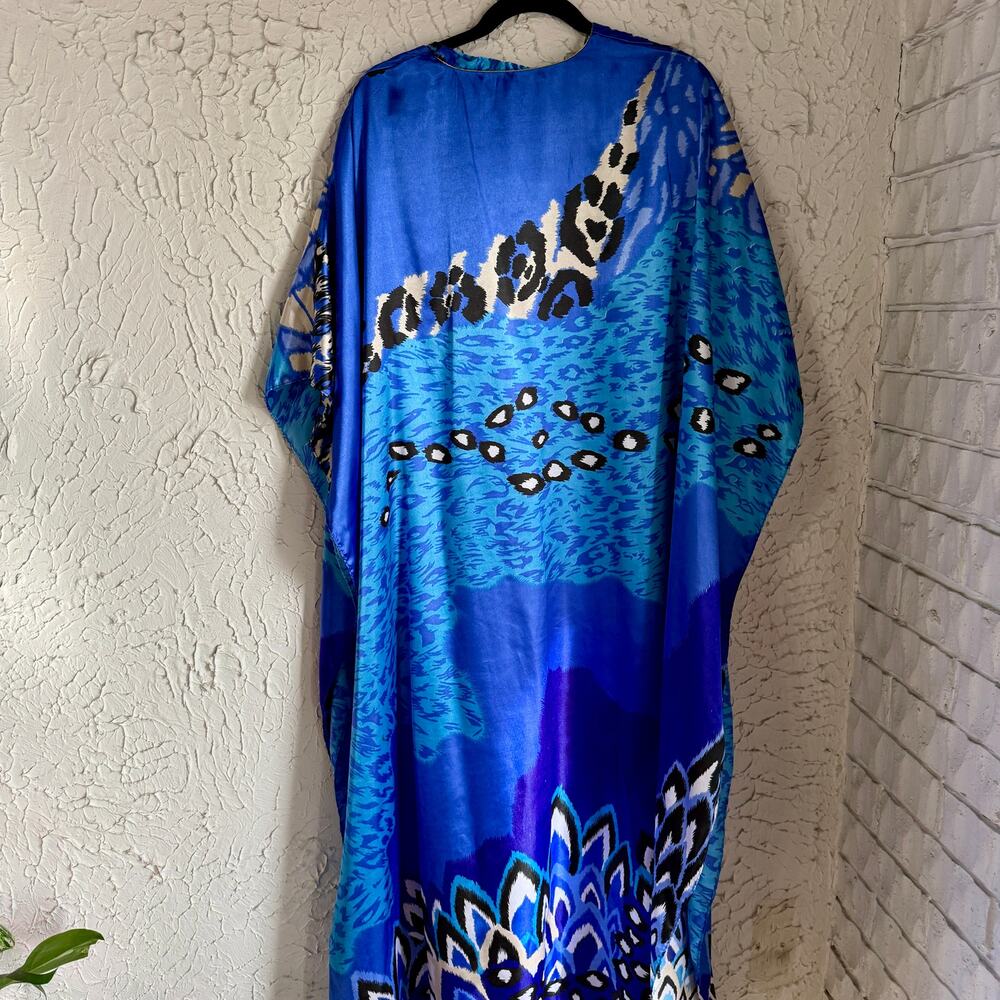Blue Abstract Kaftan Maxi Dress One Size Boho Resort Cover Up - Picture 8 of 8